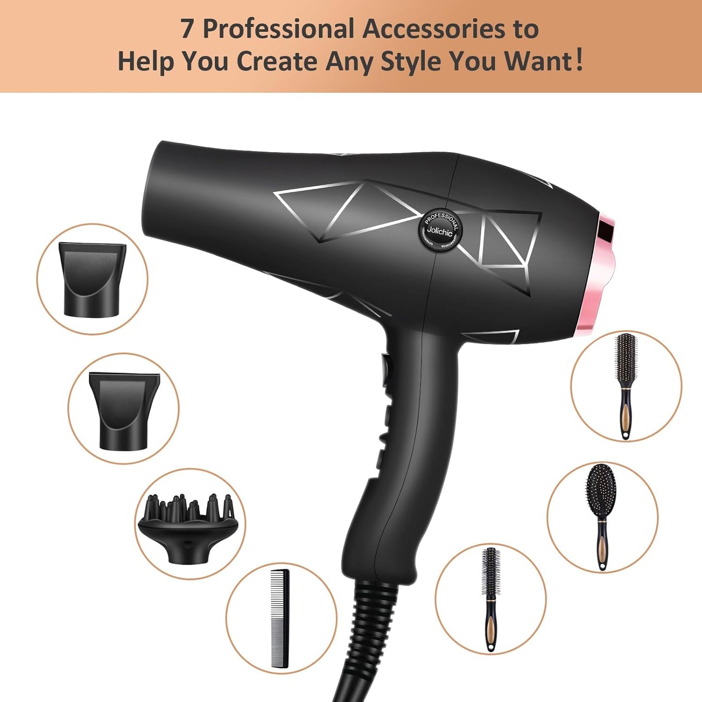 Seche Cheveux Professionnel, 2400W Ionique AC Moteur Séchage Rapide Avec 2 Vitesses 3 Réglages de chauffage, et Accessoires Diffuseur, Buse, Peigne, Concentrateur
