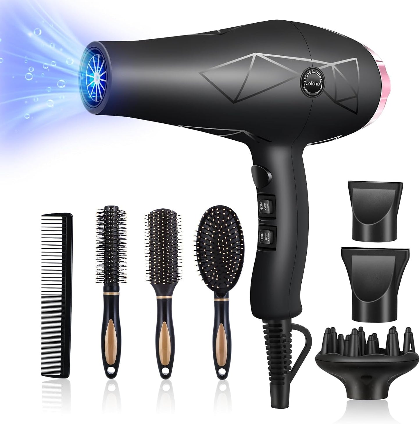 Seche Cheveux Professionnel, 2400W Ionique AC Moteur Séchage Rapide Avec 2 Vitesses 3 Réglages de chauffage, et Accessoires Diffuseur, Buse, Peigne, Concentrateur