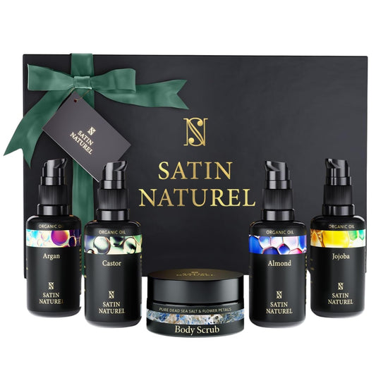 Coffret Cadeau Femme - Huile Argan + Ricin + Amande + Huile de Jojoba + Gommage Corps - Idee cadeau Femme - Coffret Beauté 5x30ml - Boite Cadeau - Satin Naturel