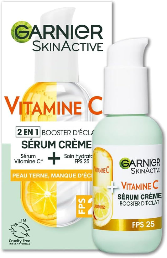 GARNIER Skin Active - Sérum Crème Booster D'Éclat 2-En-1 - Hydratation 72h & Éclat - FPS 25 - Vitamine C & Agrumes - Vegan & Cruelty Free - Peaux Ternes En Manque D'Éclat - 50 ml